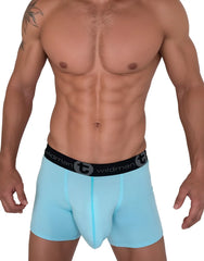 Light blue wildman cotton boxer briefs with 5 inch inseam and black elastic waistband featuring wildman logo