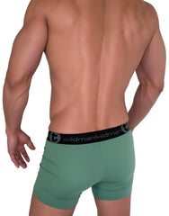 Green cotton boxer briefs with 5 inch inseam featuring wildman black waistband and white lettering
