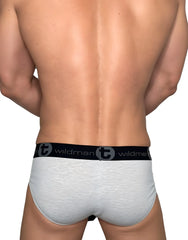 Gray heathered cotton briefs with black wildman elastic waistband featuring the wildman logo and brand emblem