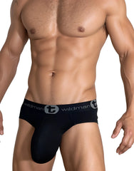 Black wildman cotton monster cock brief with sleek form-fitting design and gray logo waistband detailing