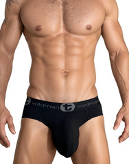 Wildmant cotton monster cock brief black showing snug fit elastic waistband with brand logo in black cotton fabric