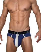 Wildmant cotton monster cock brief in dark blue and gray with black waistband featuring wildman logo athletic style