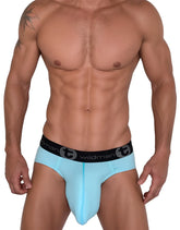 Light blue WildmanT cotton briefs with black elastic waistband featuring Wildman logo and circular t emblem