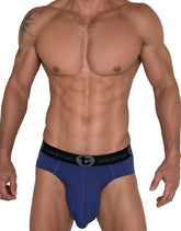 Blue Wildman brand men’s cotton briefs in dark blue with a black waistband featuring Wildman logo and emblem