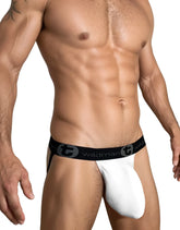 White wildman brand cotton monster cock jockstrap with black elastic waistband and gray logo in front view
