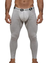 Gray form-fitting cotton long johns wildmant underwear with a black and white branded waistband and monster cock pouch