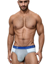 Wildmant duo big boy pouch brief in gray and white with a blue elastic waistband featuring the wildman logo