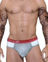 Gray wildman athletic briefs with red and white elastic waistband featuring wildman logo for active wear