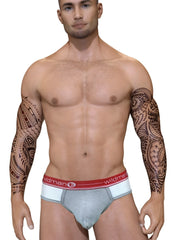 Gray cotton briefs with a red and white elastic waistband featuring the wildman logo wildmant duo big boy pouch brief red