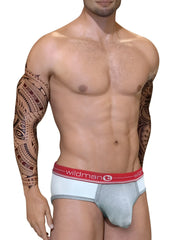 Gray and white athletic briefs with a red waistband featuring the wildman logo from the wildmant duo big boy pouch brief