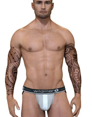 Gray and white athletic briefs with black waistband featuring wildman logo from wildmant duo big boy pouch jock strap