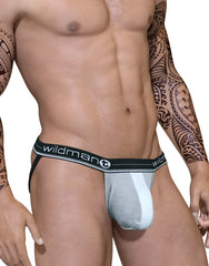 Gray and white athletic brief with black waistband featuring wildman branding wildmanT duo big boy pouch jock strap