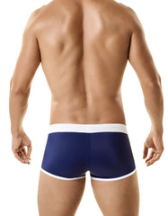 Navy blue wildmant jersey swim briefs with white trim and integrated cock ring for men