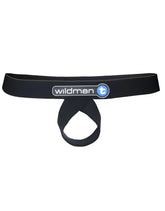 Black elastic waistband with central loop and wildman t logo in white and blue for lift loop support jock