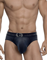Wildmant mesh big boy pouch brief black in dark blue denim style with black elastic waistband and wildman logo