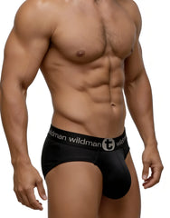 Black wildman brand mesh big boy pouch brief in black with a contrasting white logo waistband