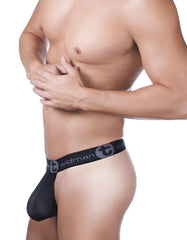 Black mesh wildmant big boy pouch thong with branded waistband featuring wildman logo and stylized t emblem