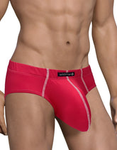 Bright red wildmanT mesh brief with white stitching and black waistband label in form-fitting men’s design