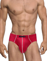 WildmanT mesh brief red in red with white stitching and black brand label made of breathable mesh material