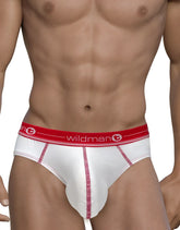 White men’s mesh briefs with red trim and wildman logo on the waistband for comfortable everyday wear