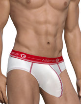 White wildman men’s mesh briefs with red waistband and matching stitching for breathable comfort