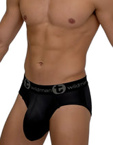 Black wildmant mesh monster cock brief with snug fit and branded gray elastic waistband shown from the back