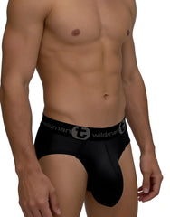 Black wildman men’s mesh monster cock briefs with supportive contoured design and elastic waistband with logo