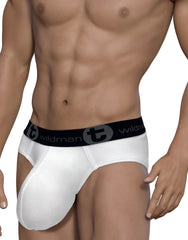 White mesh briefs with black elastic waistband featuring wildman logo from wildmant mesh monster cock brief white collection