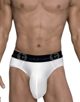 WildmanT mesh monster cock brief white in white mesh with a black elastic waistband featuring the wildman logo
