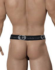 Black wildman brand mesh briefs with gray logo and text on waistband designed as wildmant mesh monster cock strapless pouch white