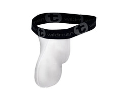 White wildman mens jockstrap with mesh pouch and black elastic waistband featuring repeating logo pattern