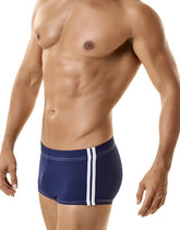 Navy blue wildmant midcut sport swim trunks with white vertical side stripes and ball lifter cock ring design