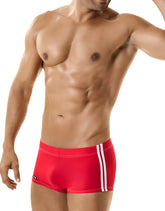 Red wildmant midcut sport swim trunks with ball lifter cock-ring and white side stripes for active use