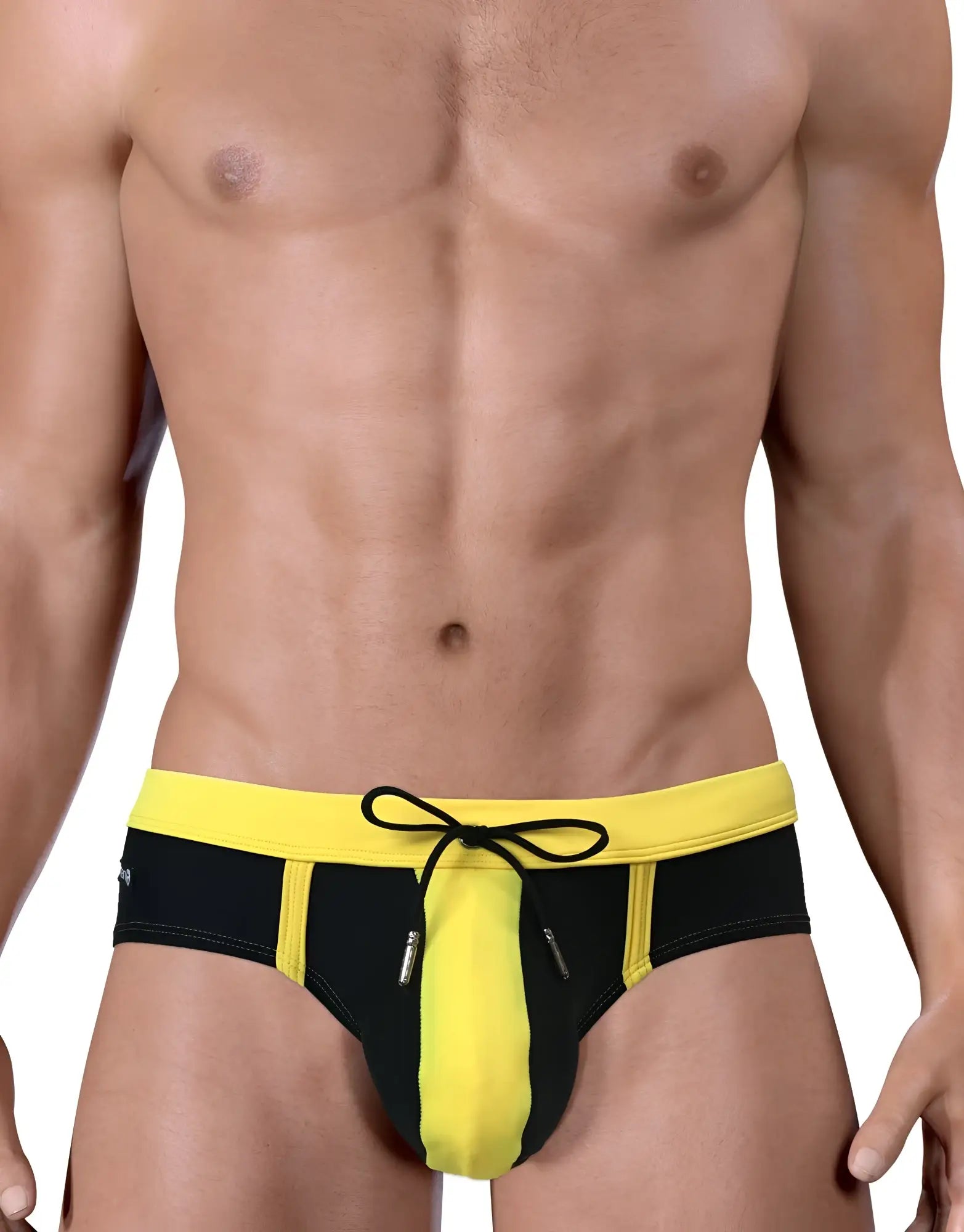 WildmanT Moby big boy pouch swim trunks in black and yellow with drawstring waistband for swim use