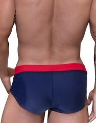 Navy blue wildmant moby big boy pouch swim trunks with bold red waistband designed for comfortable swimming