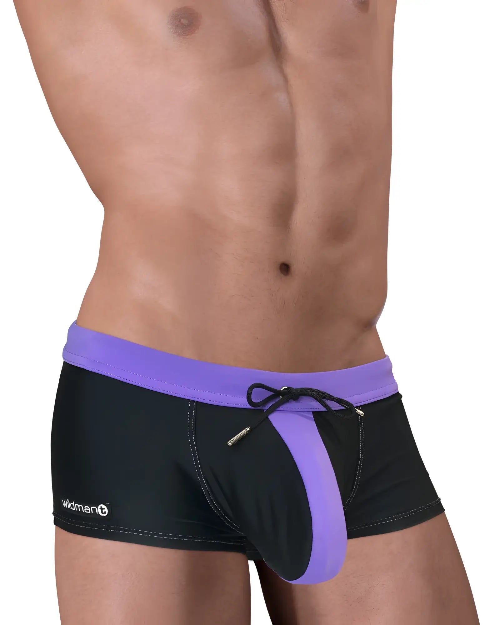 WildmanT moby big boy pouch swim square cut trunks in black and purple with drawstring waistband and wildman logo on side