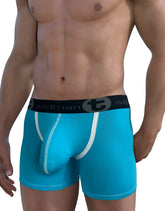 Bright turquoise wildmanT modal big boy pouch boxer briefs with white stitching and black waistband in baby blue
