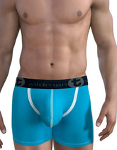 Bright turquoise wildman modal big boy pouch boxer briefs with white trim and black waistband in baby blue color