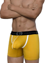 WildmanT modal big boy pouch 5 inch inseam boxer brief in gold yellow with white trim and black waistband logo