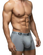 Gray wildman modal big boy pouch boxer briefs with 5 inch inseam and black logo waistband