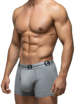 Gray wildman men’s modal boxer briefs with big boy pouch 5 inch inseam and branded elastic waistband