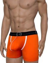 Bright orange wildmanT modal big boy pouch boxer briefs with white trim and black waistband featuring wildman logo
