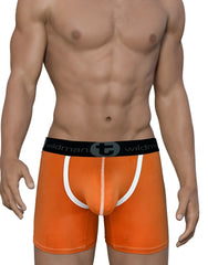 WildmanT modal big boy pouch boxer briefs in orange with ribbed fabric white trim and black waistband wildman logo