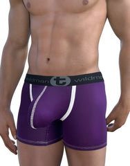 Wildmant modal big boy pouch 5 inch inseam boxer briefs in purple with white trim and black waistband featuring brand logo