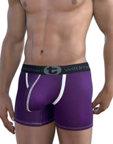 Purple wildman modal big boy pouch boxer briefs with 5 inch inseam white trim and black waistband with logo