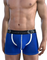 WildmanT modal royal blue boxer briefs with 5 inch inseam pouch, white trim, and black waistband with logo
