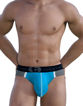 Bright blue and gray wildman modal big boy pouch brief with black waistband and wildman logo