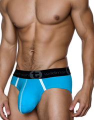 Bright blue wildmanT modal big boy pouch brief with white side stripes and black waistband in form-fitting design