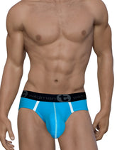 Bright blue wildmanT modal big boy pouch brief with white side stripes and black logo waistband in baby blue