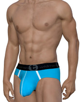 Bright blue wildmanT modal big boy pouch brief with white side stripes and black waistband logo in baby blue color